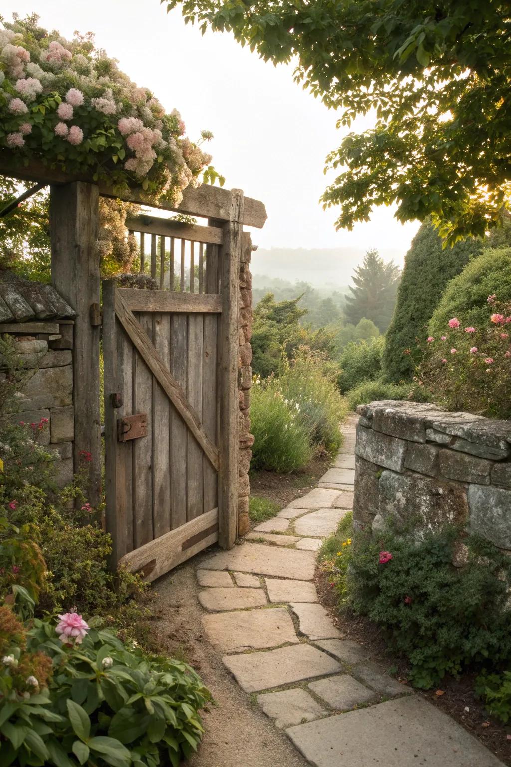 A garden gate combining wood and stone elements.