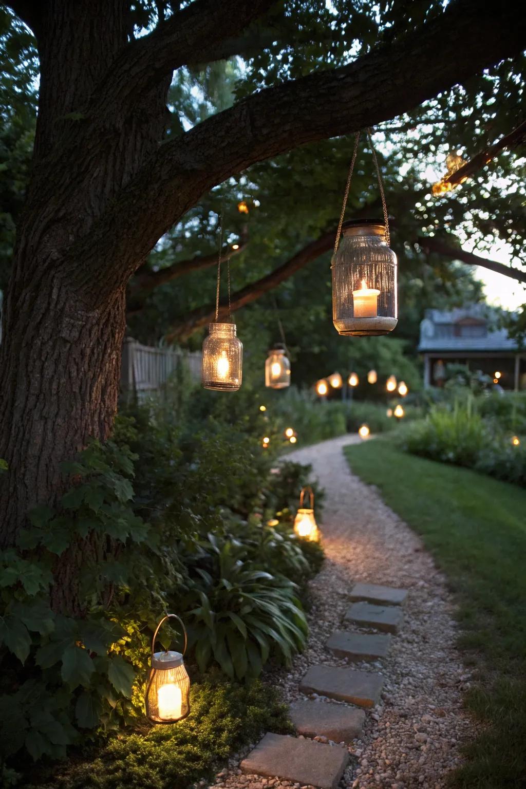 Mason jar lanterns create a cozy evening atmosphere.