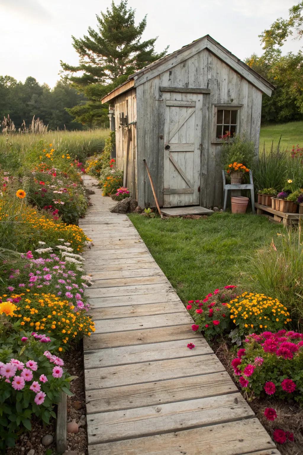 A wooden pathway invites you to explore this rustic garden shed.