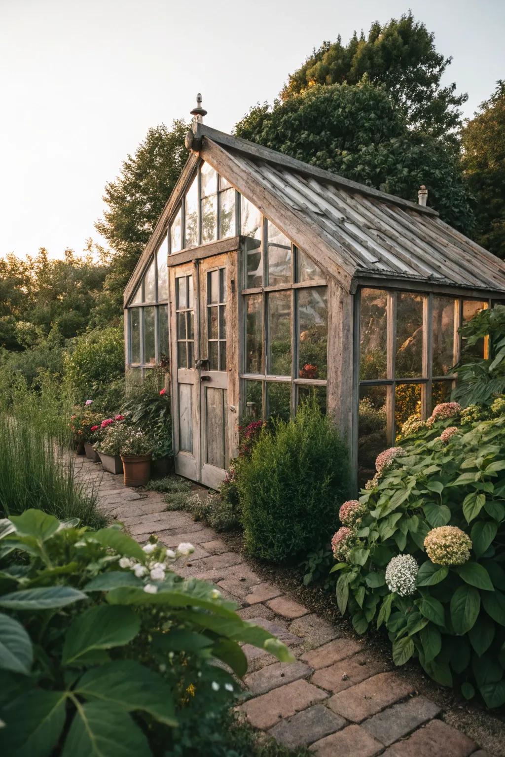 Simple architecture enhances the rustic charm of this greenhouse.