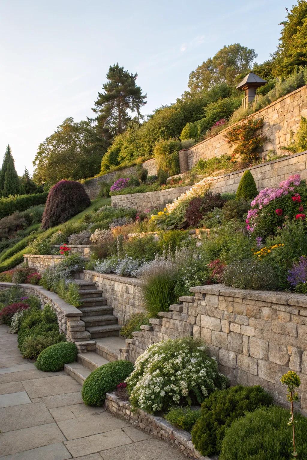 Tiered gardens add depth and interest to rustic landscapes.