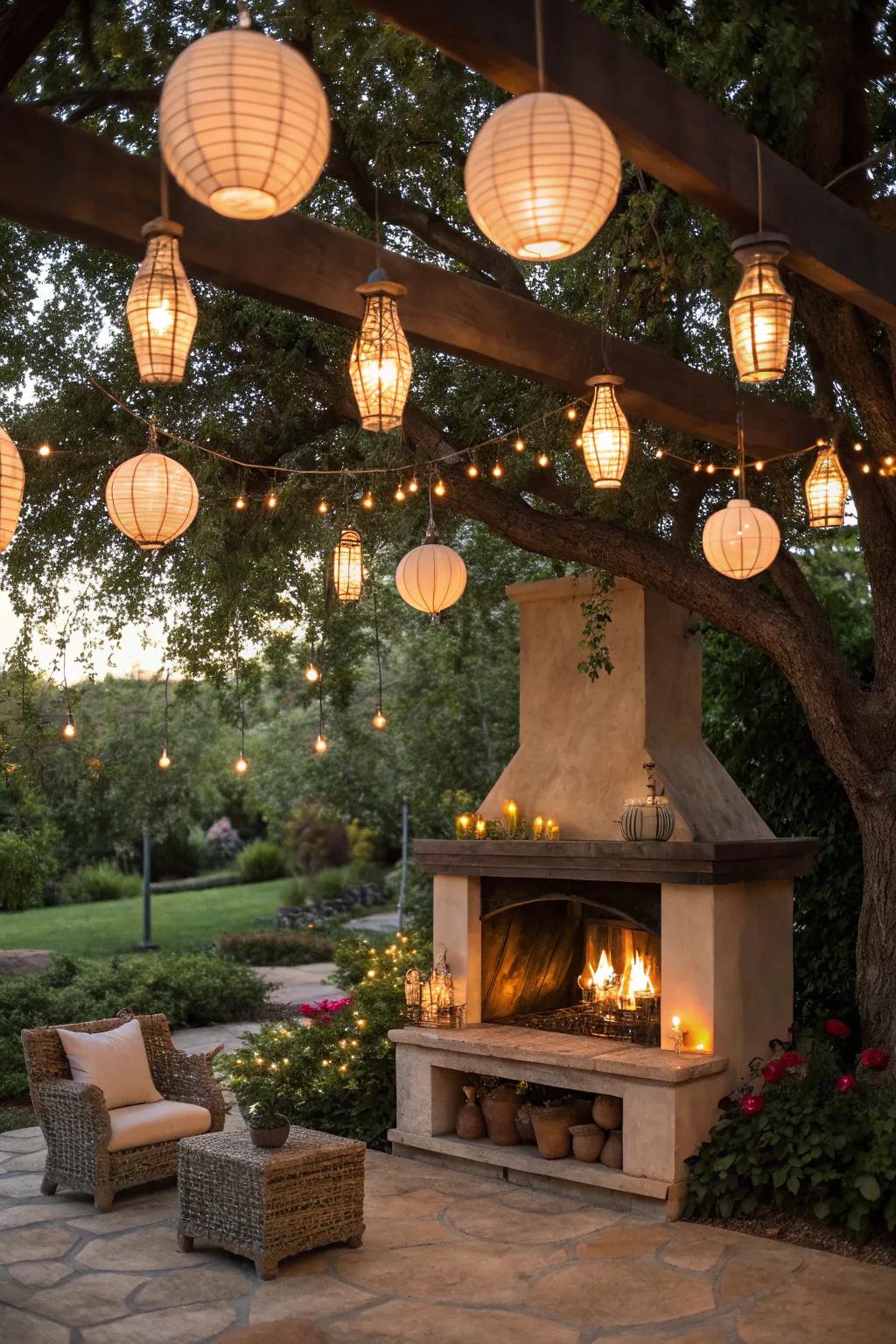 Lanterns around the fireplace add a warm, inviting glow to evening gatherings.
