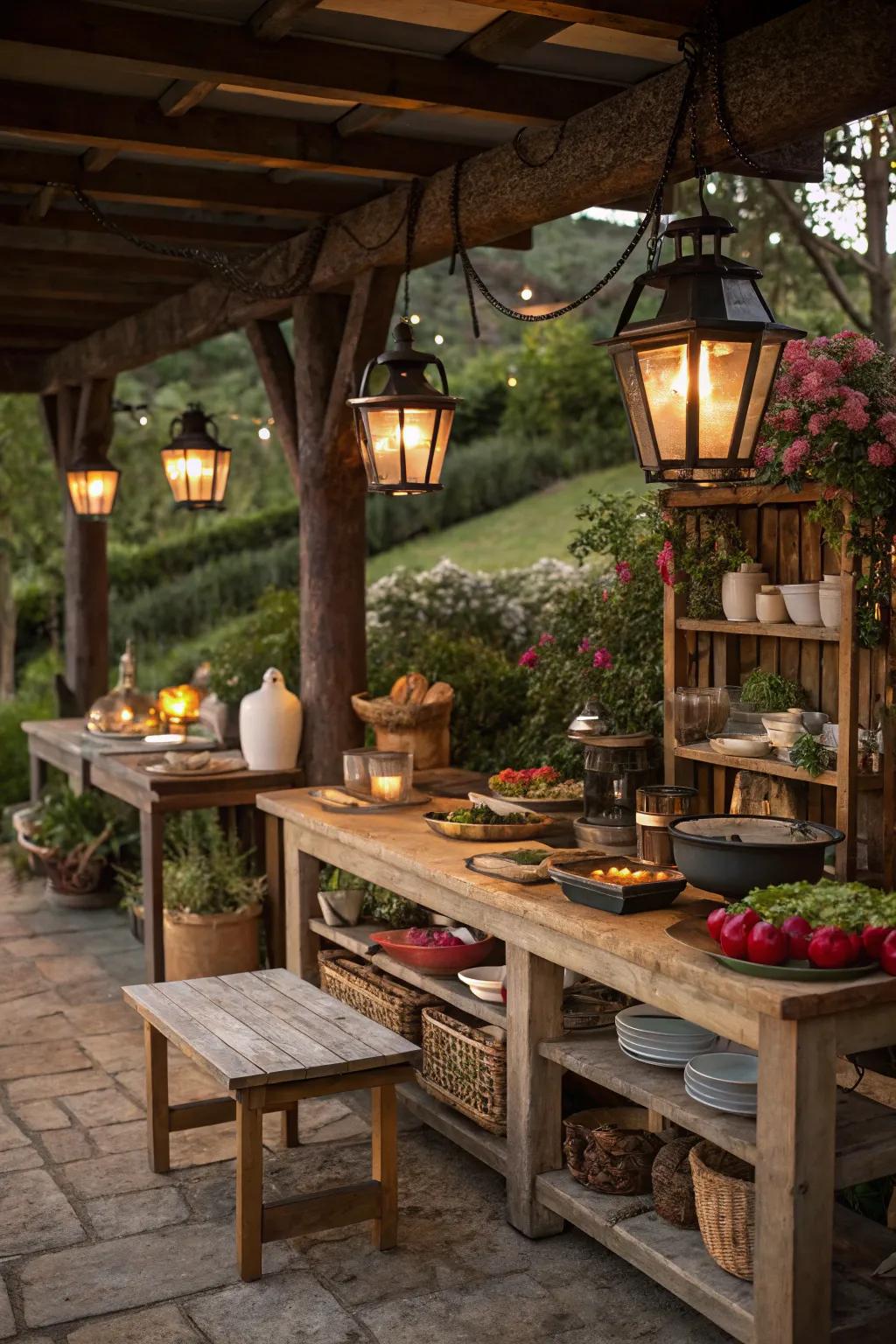 Inviting lighting creates a magical evening atmosphere.