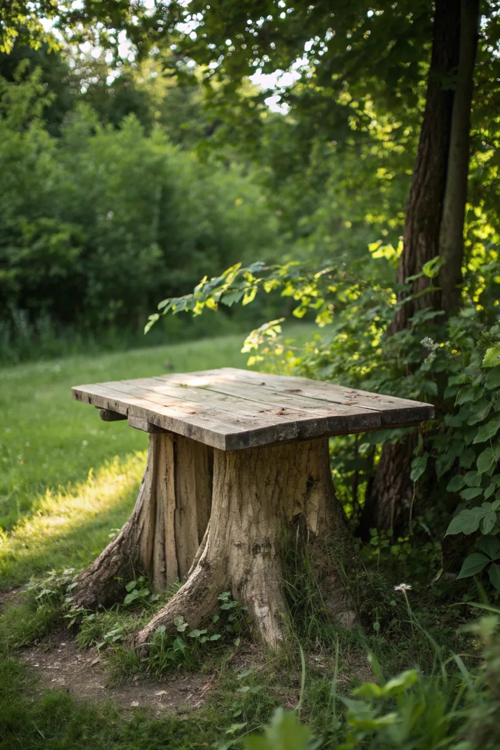 A unique table with a tree stump base, adding a whimsical forest feel to outdoor spaces.