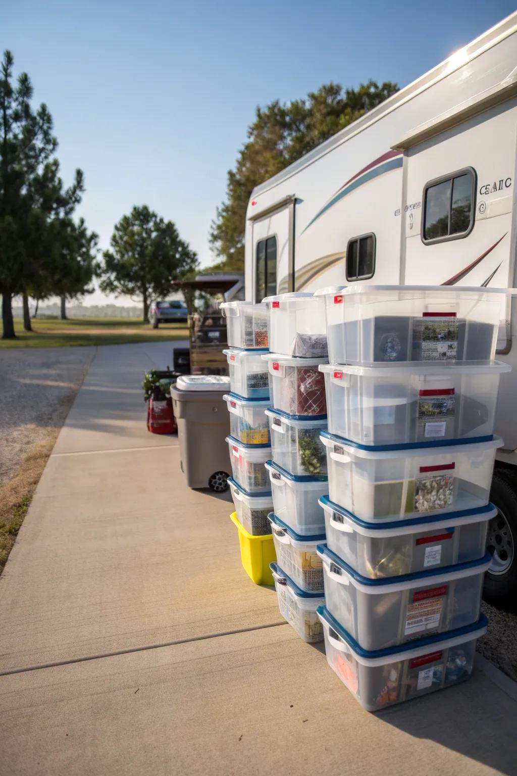 Stackable bins keep your gear neatly organized.