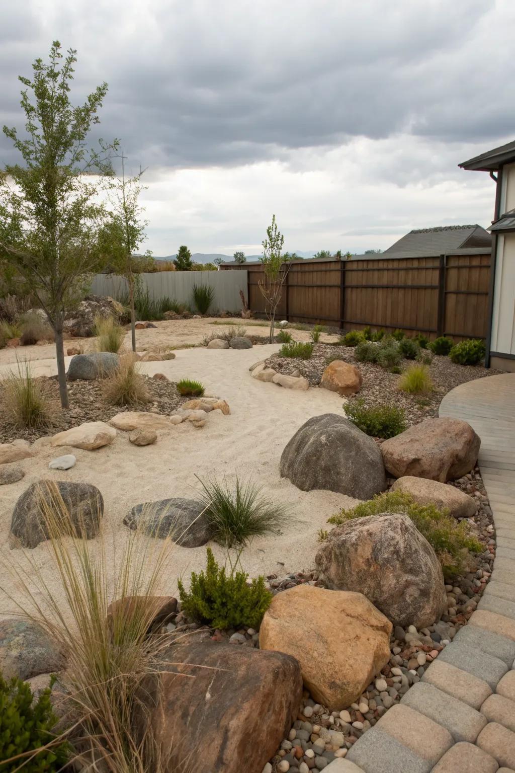 Achieve a natural look with a rock and sand landscape.