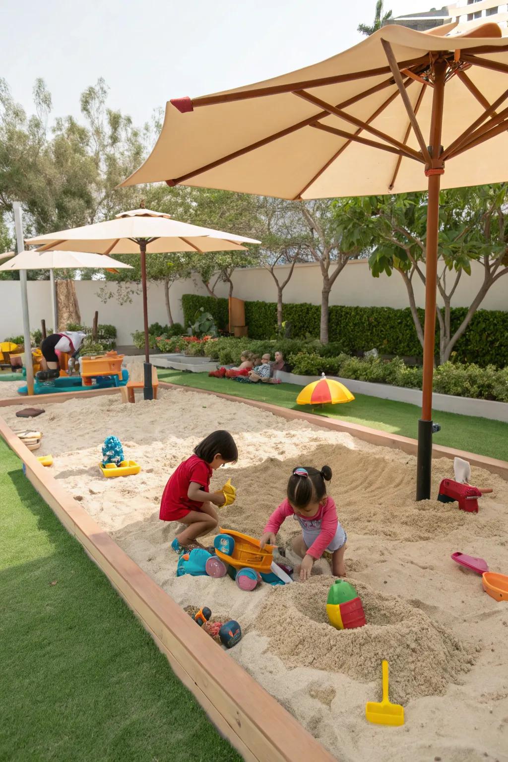 A sand play area provides a safe and fun environment for kids.