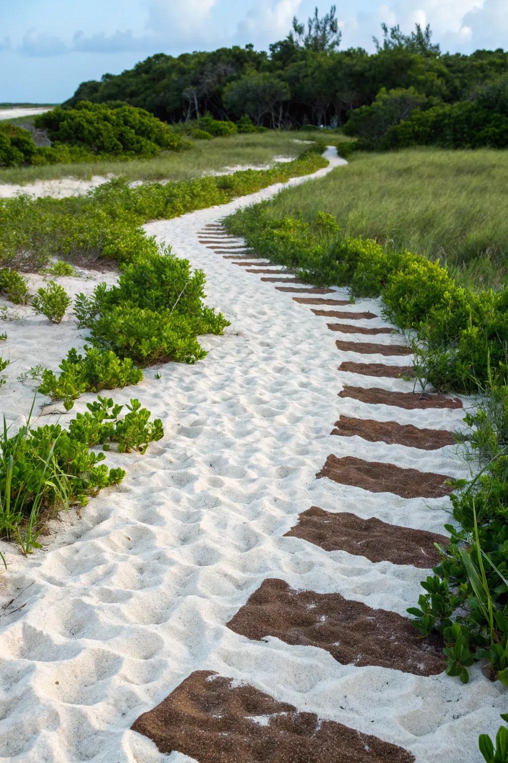 Textural variety in sand walkway design.