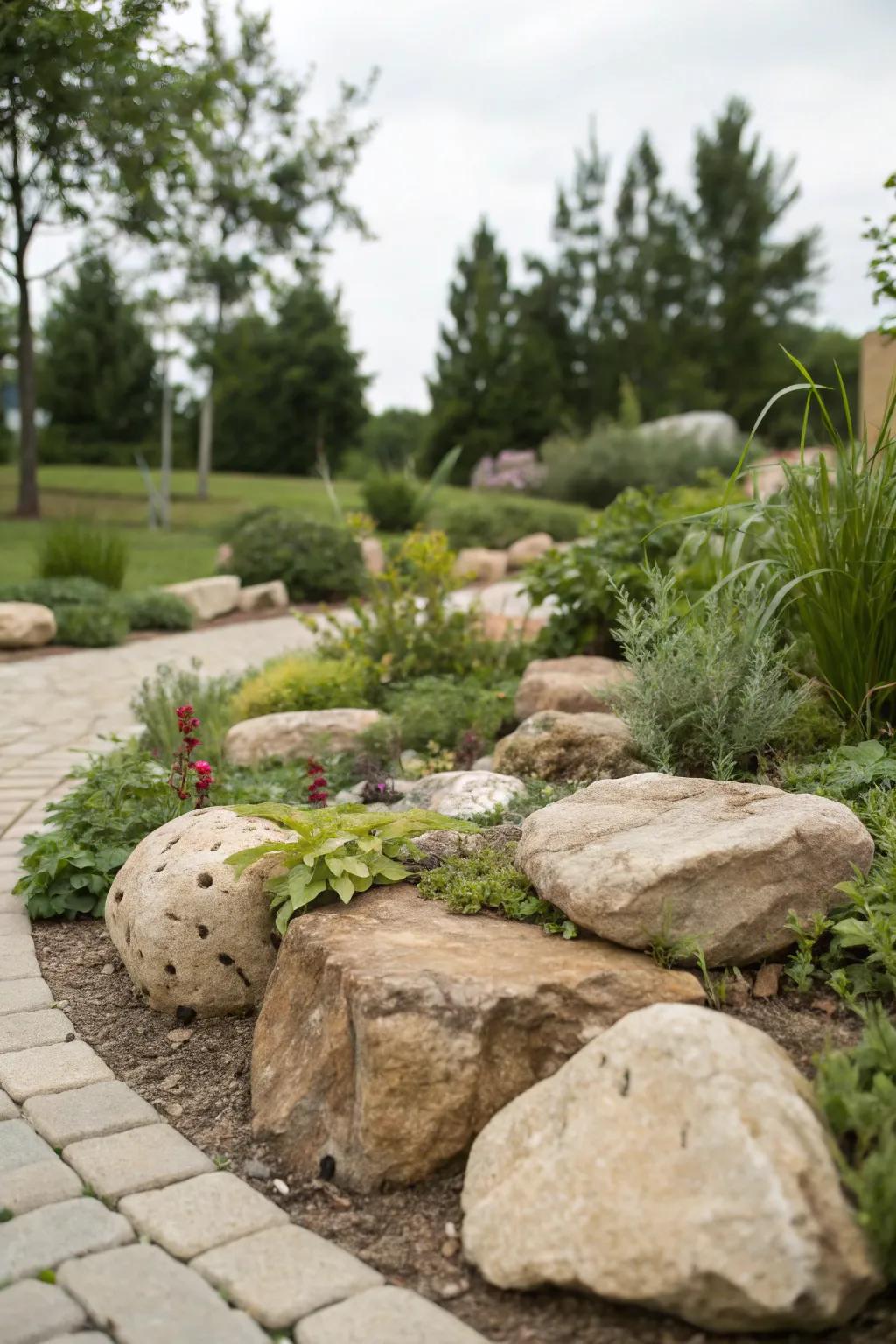 Artistic arrangement of sandstone rocks adding garden interest.