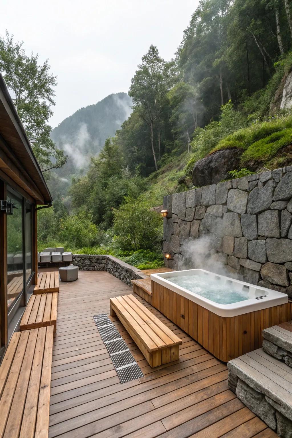 Enhance your sauna deck with a hot tub for a spa-like retreat.