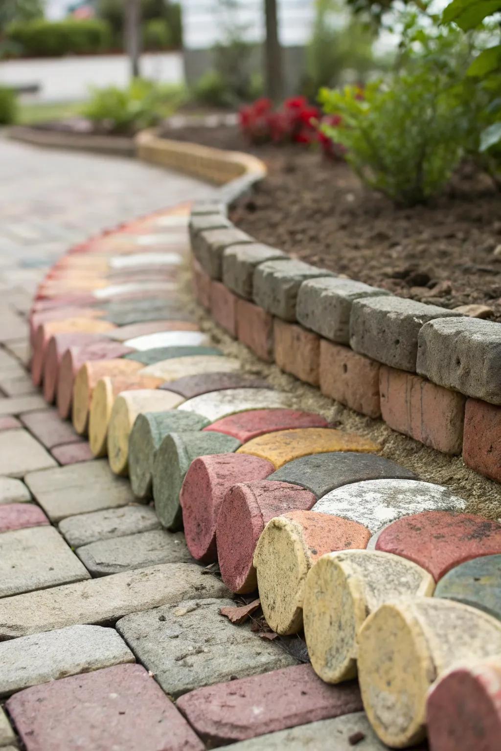 Diverse scalloped brick edging for a personalized garden look.