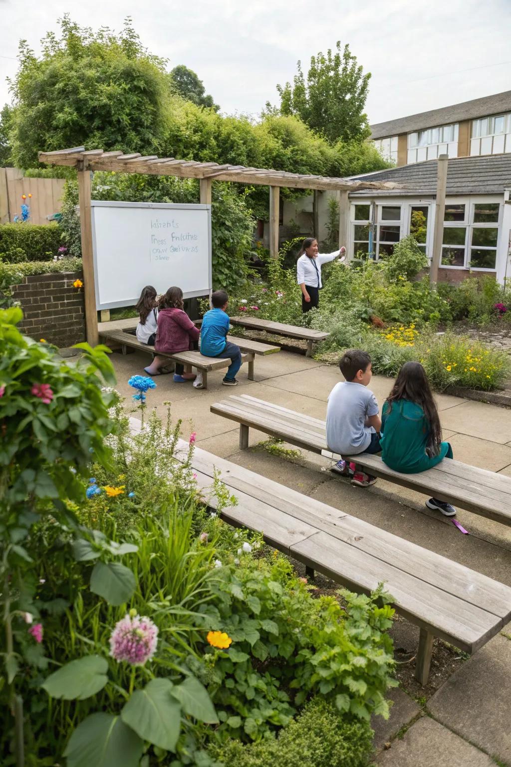 An inviting outdoor classroom nestled within the school garden, perfect for engaging lessons.