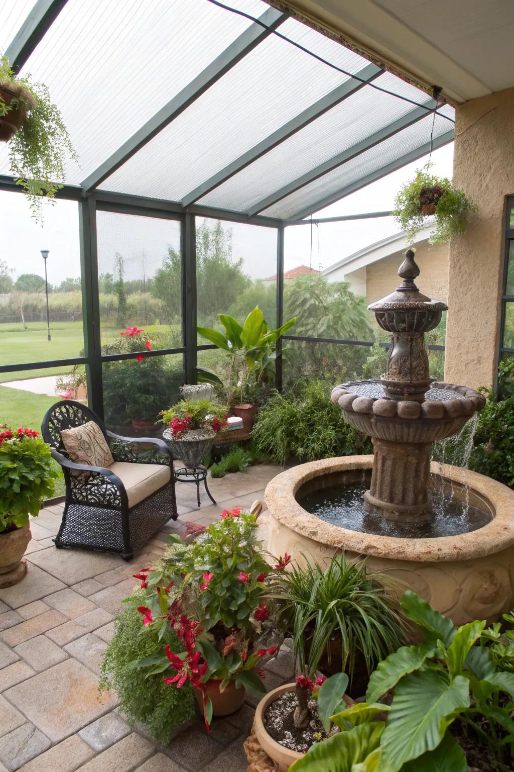 A peaceful garden retreat in a screened carport.