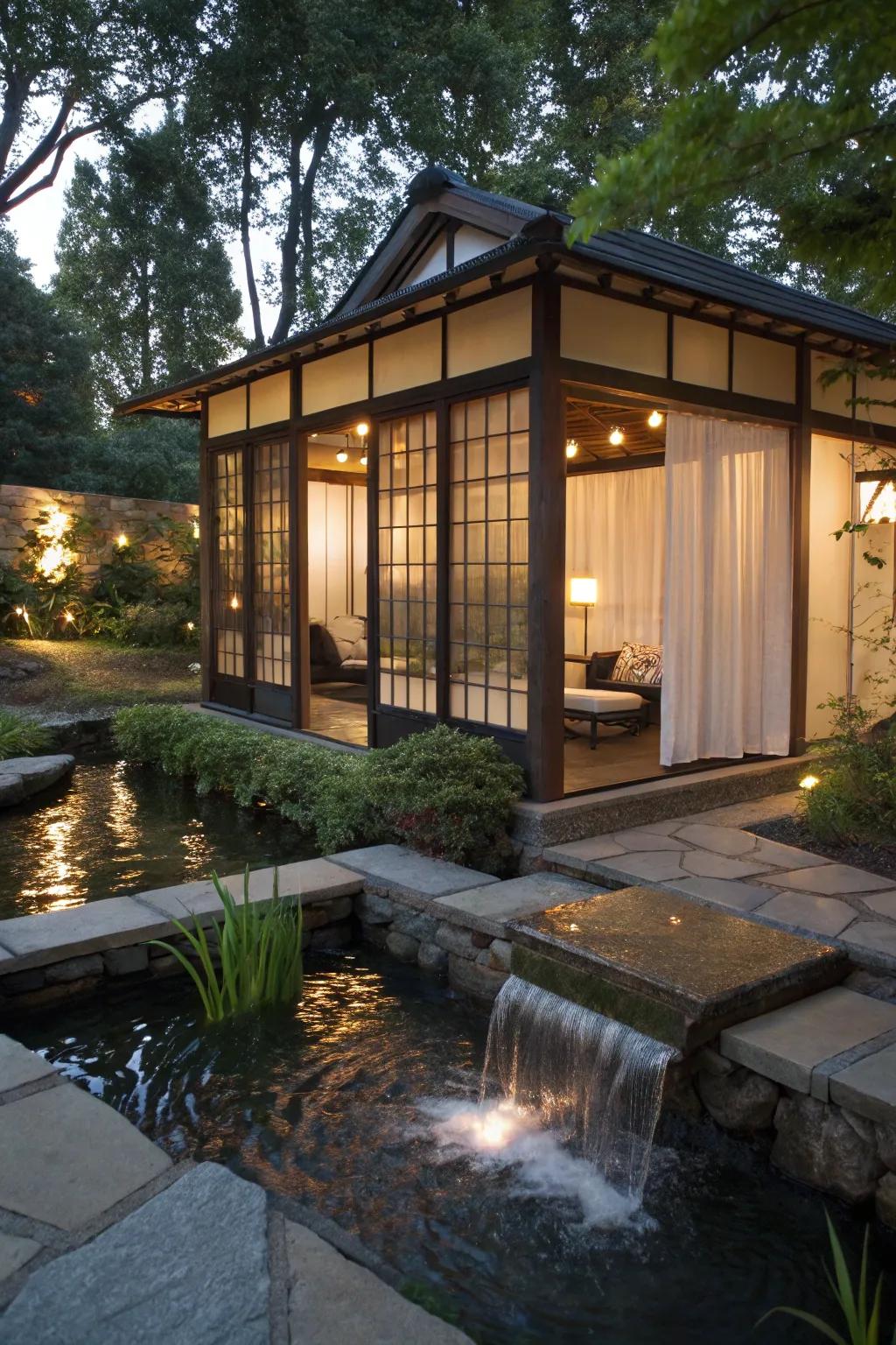 A tranquil Zen meditation pavilion with calming features.