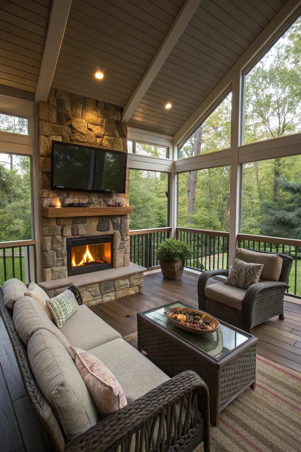 Stay warm and cozy with a fireplace on your porch.