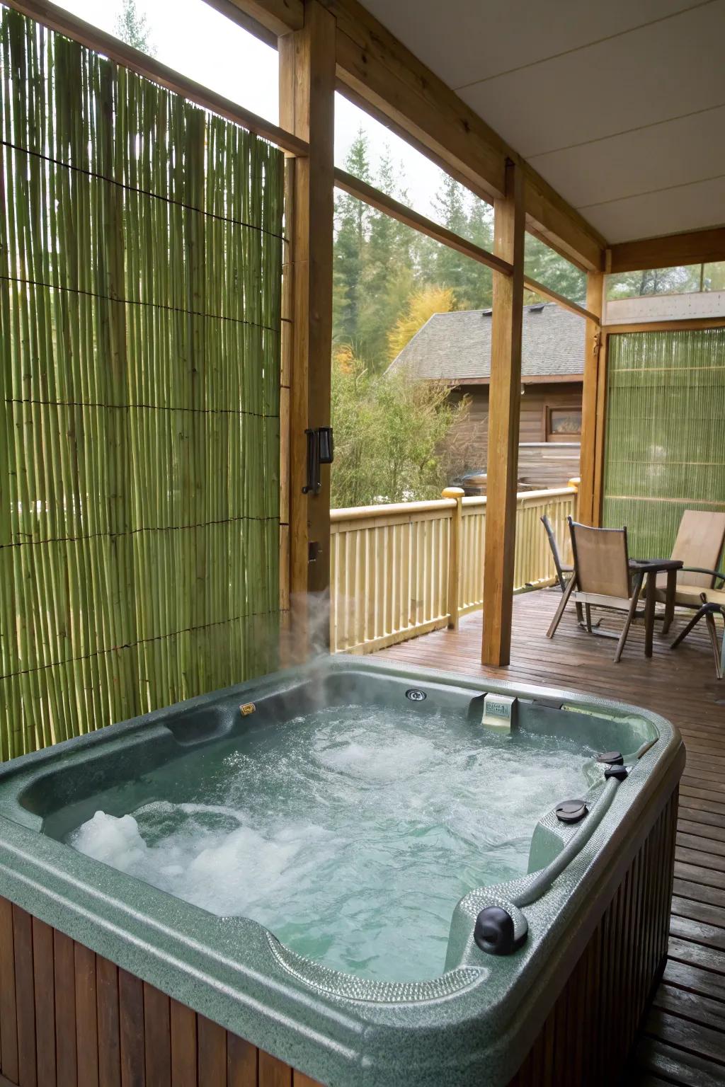 A secluded hot tub area with stylish bamboo privacy screens.