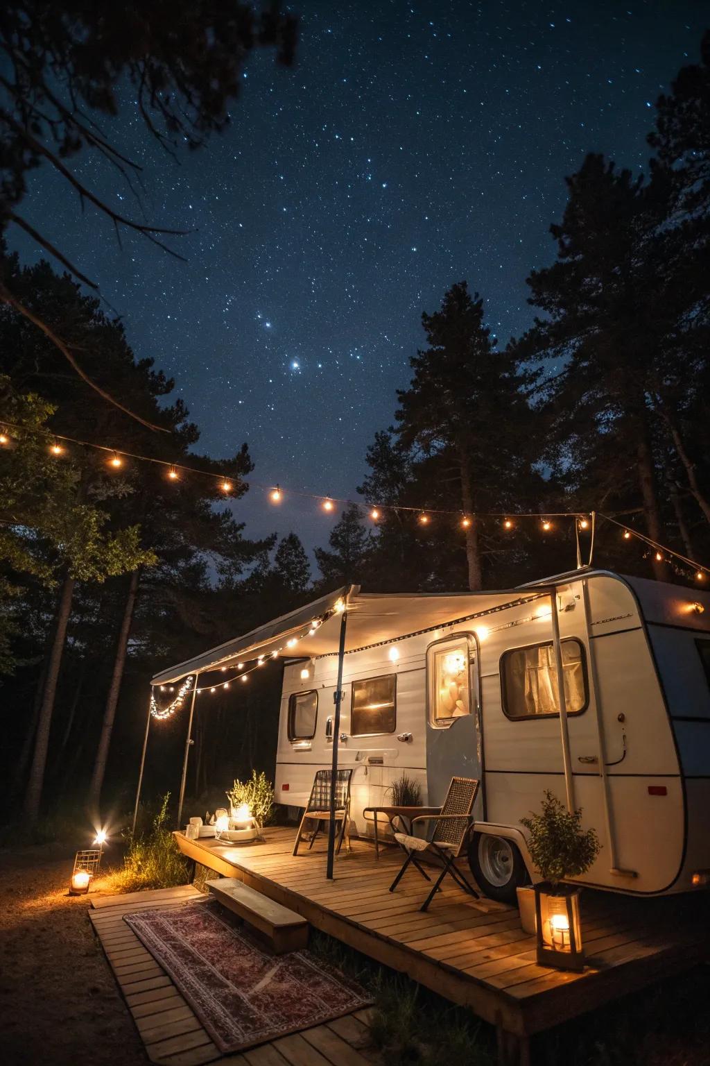 A camper deck glows warmly at night with string lights and lanterns.