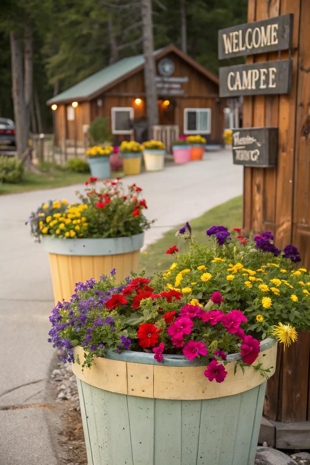Bright planters adding a splash of color to the campsite.