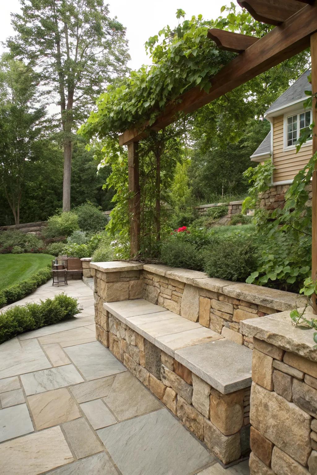 Mixed material seating wall showcasing rustic charm.