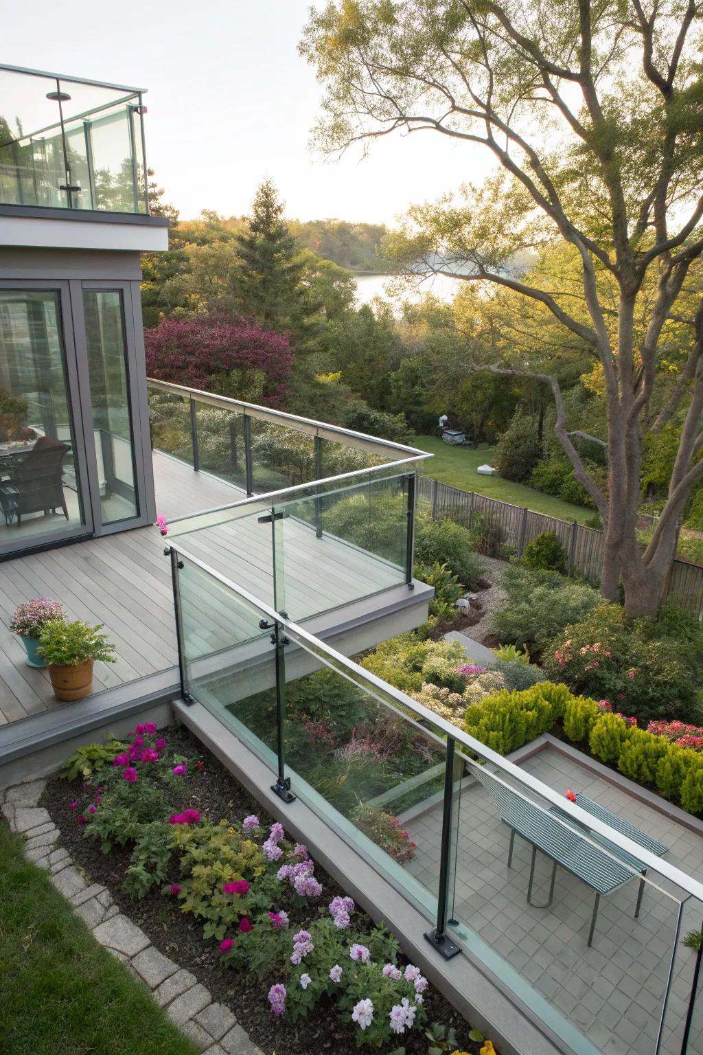 A second-story deck with glass railings offering panoramic garden views.