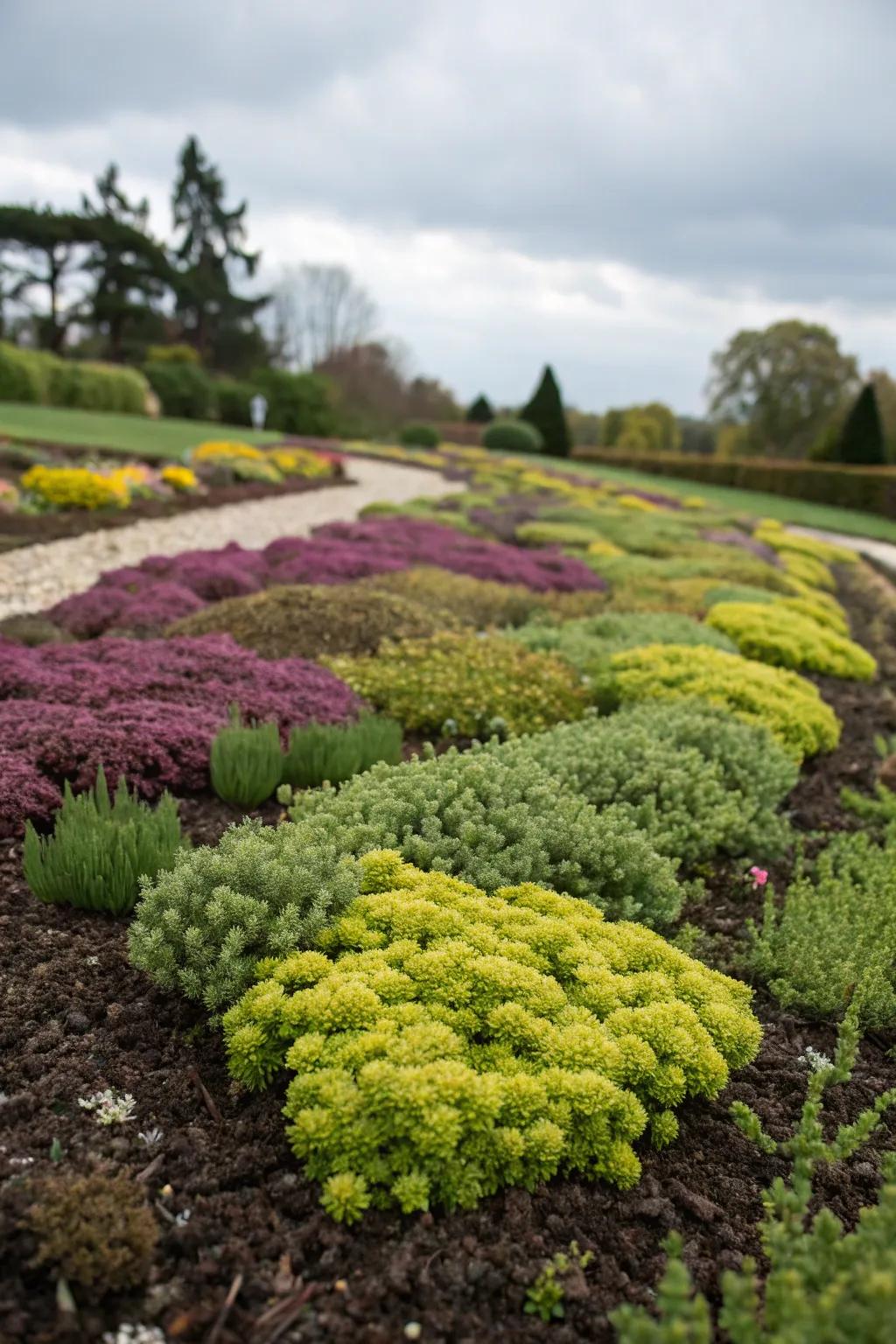 A vibrant mix of sedum with other ground covers.