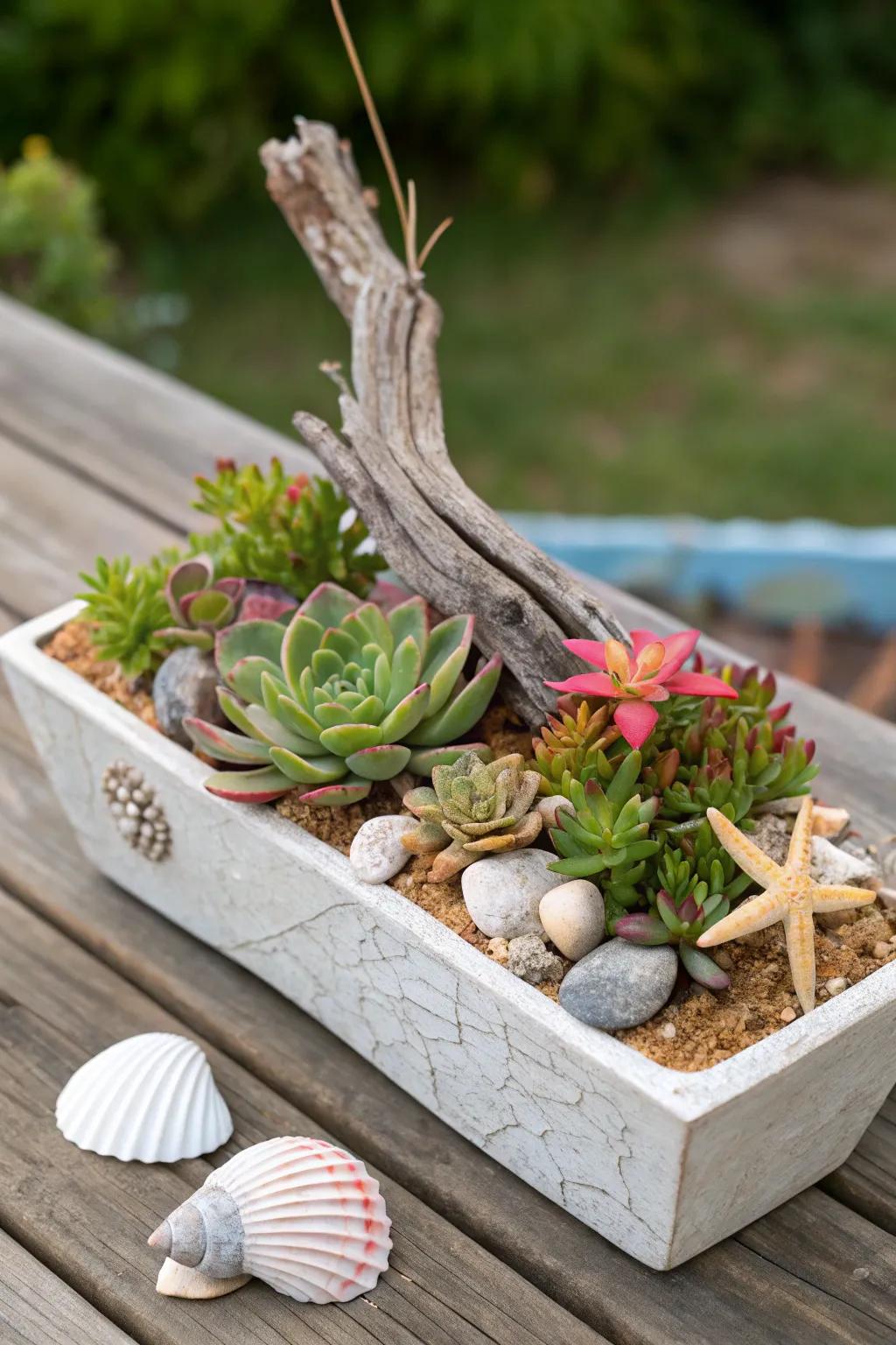 Beach-themed sedum planters evoke a sense of seaside relaxation.