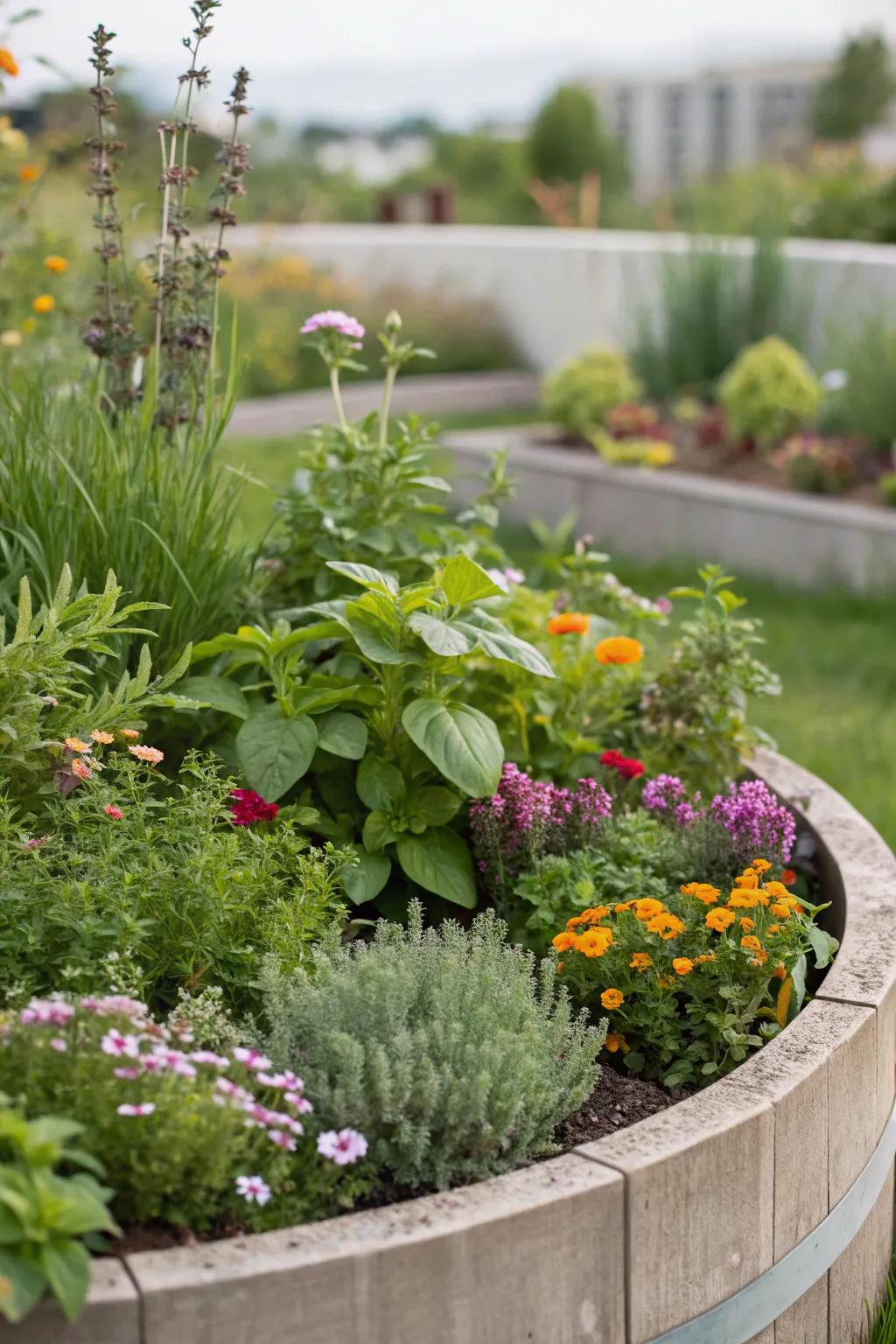 Herbs and flowers mix for beauty and utility in a semi-circle bed.