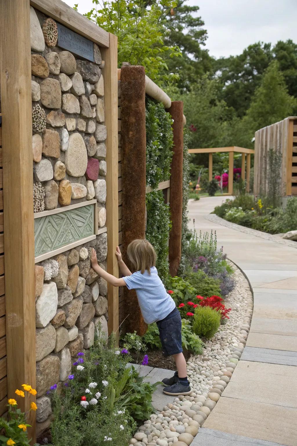 A texture wall offers diverse tactile experiences in the sensory garden.