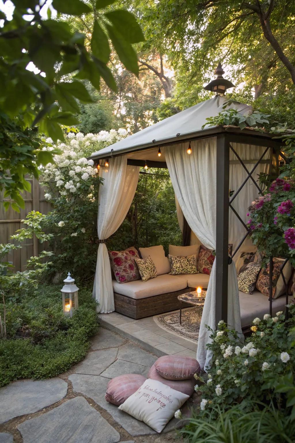 A cozy nook provides a peaceful retreat in the garden.