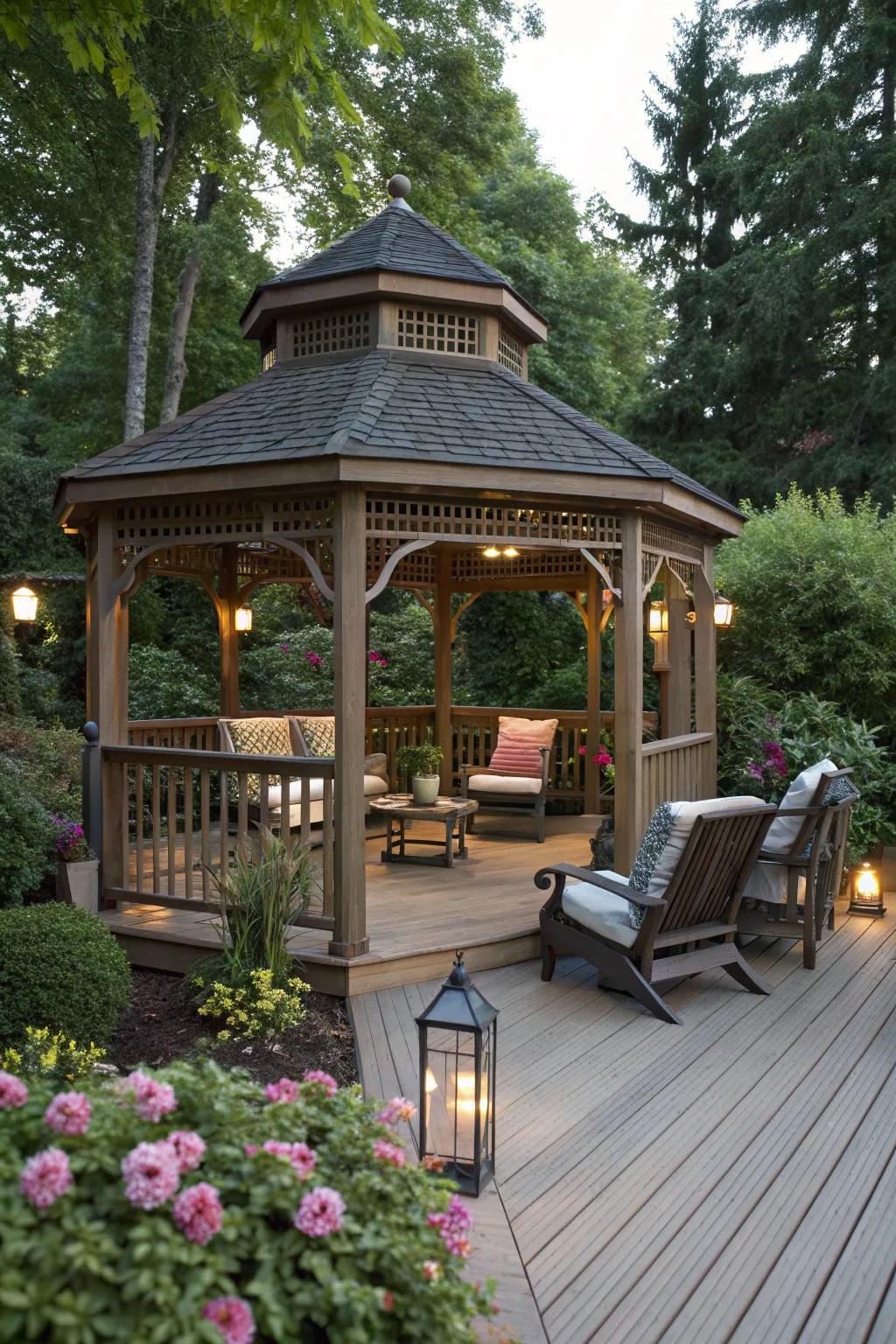 A gazebo offers both shade and a charming focal point.