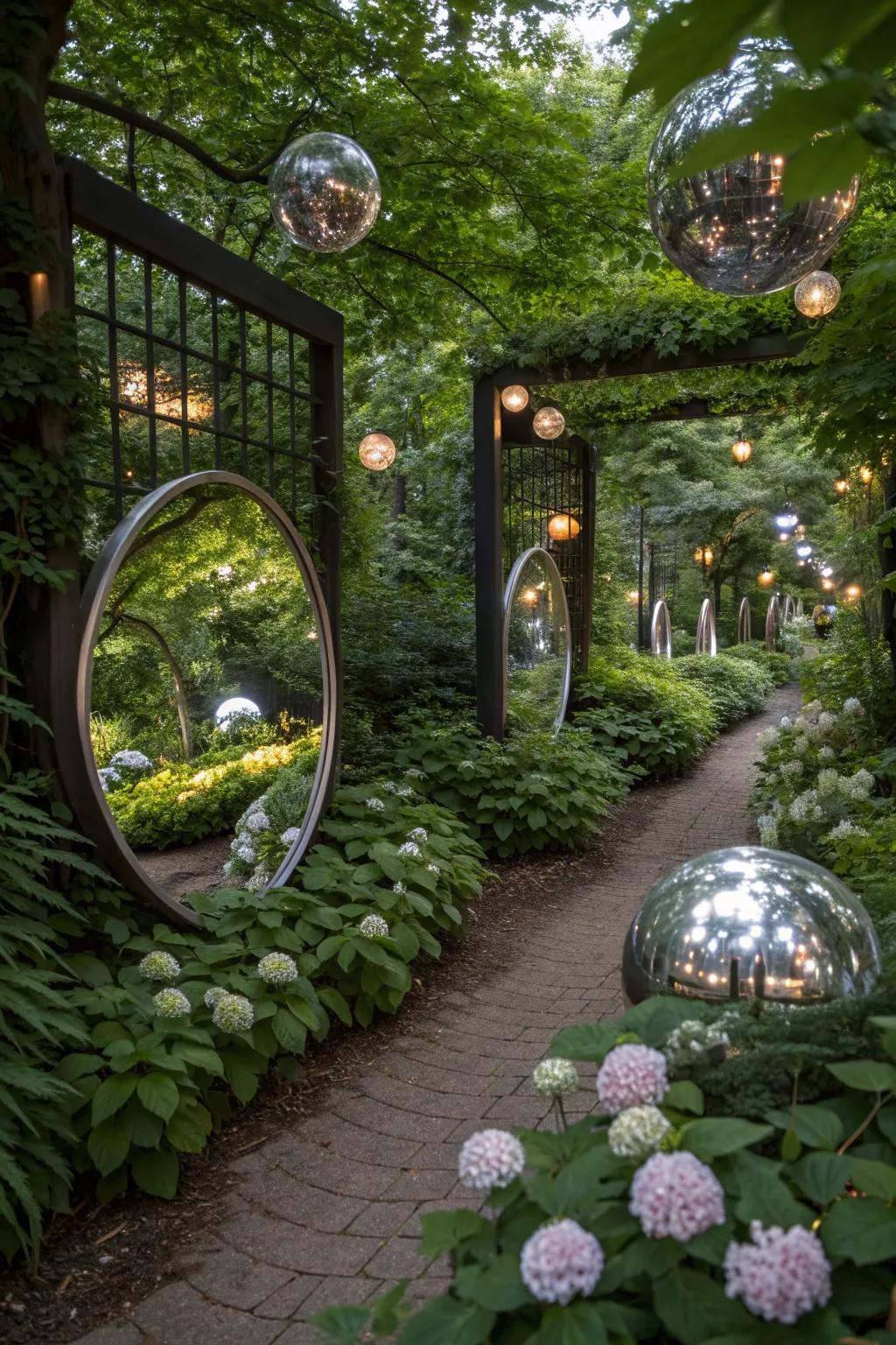 Reflective surfaces brighten up shaded garden spots.