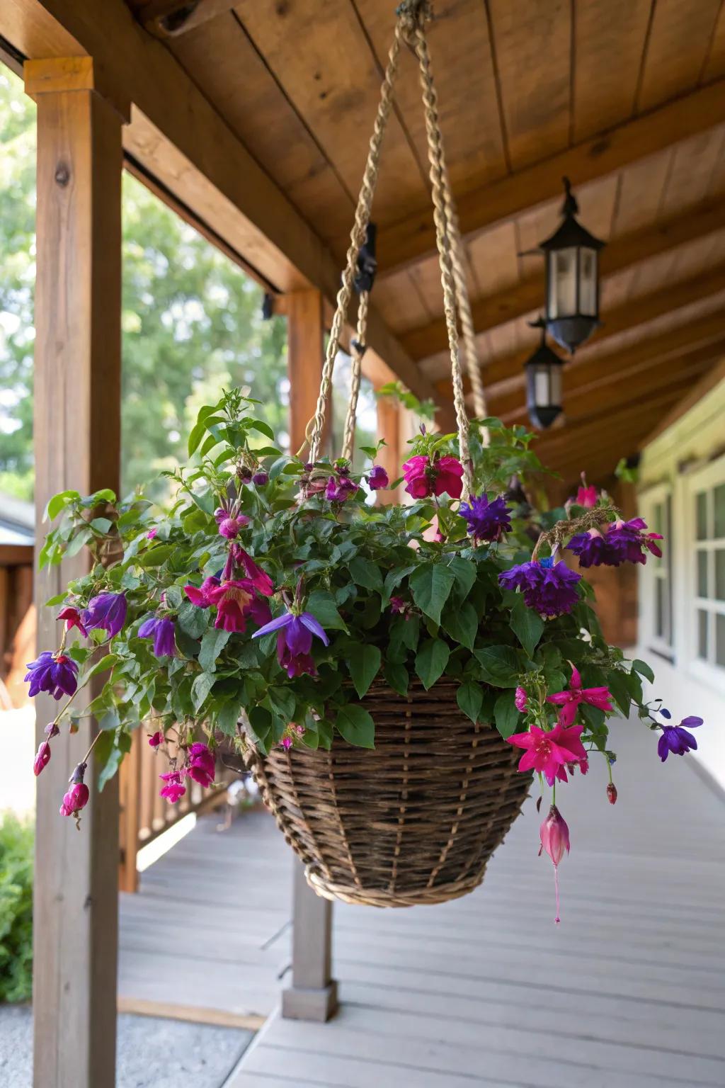 Elegant fuchsia blooms in a hanging basket, perfect for shaded porches.