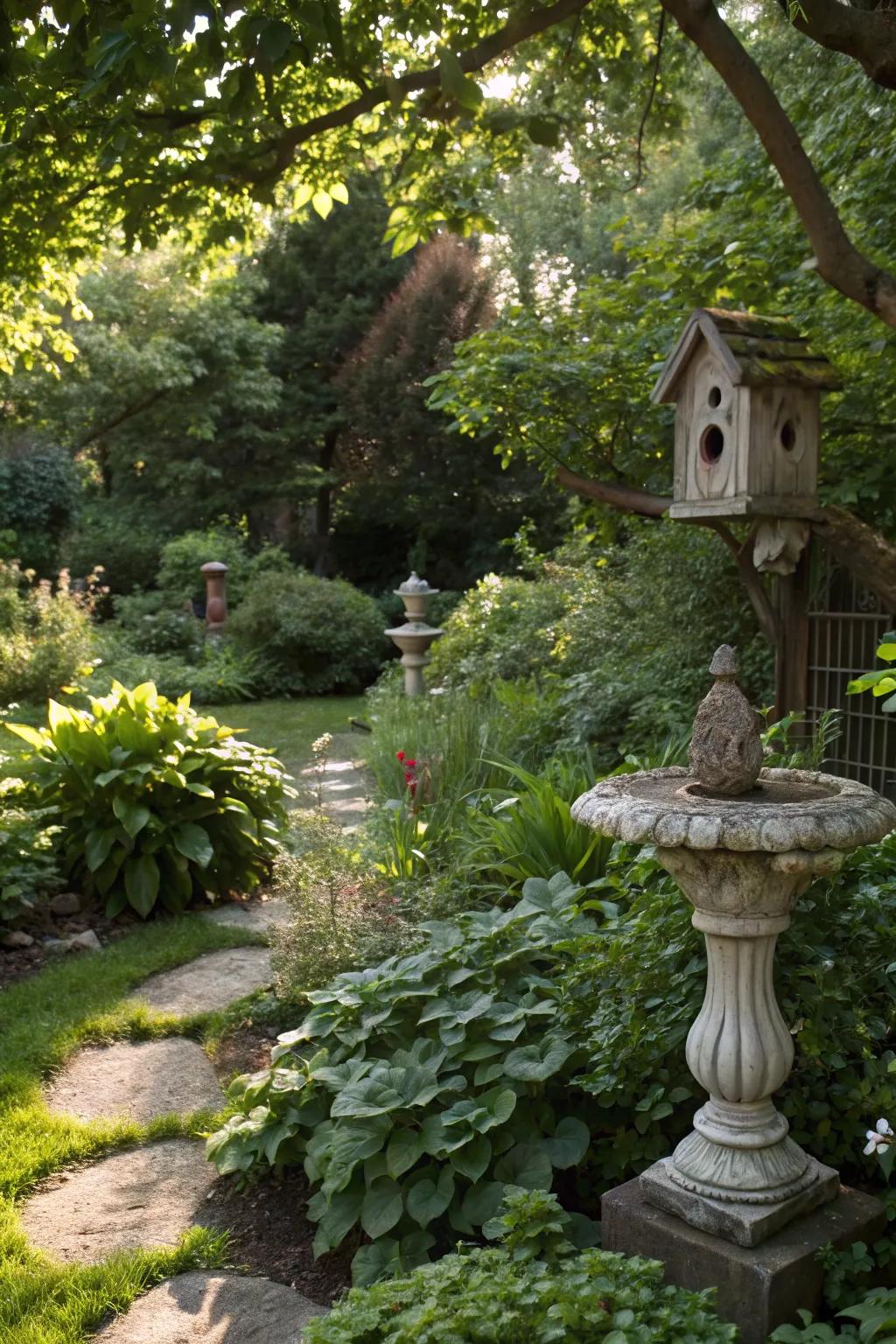 Ornamental elements add charm and whimsy to the garden.