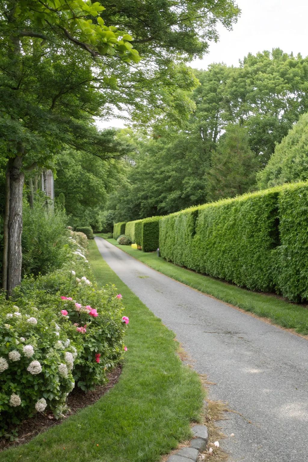 Hedge dividers offer a lush and natural solution for shared driveways.