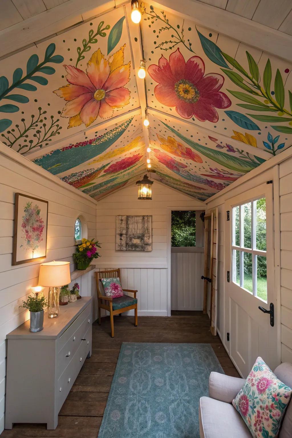 A she shed with a vibrant ceiling mural.