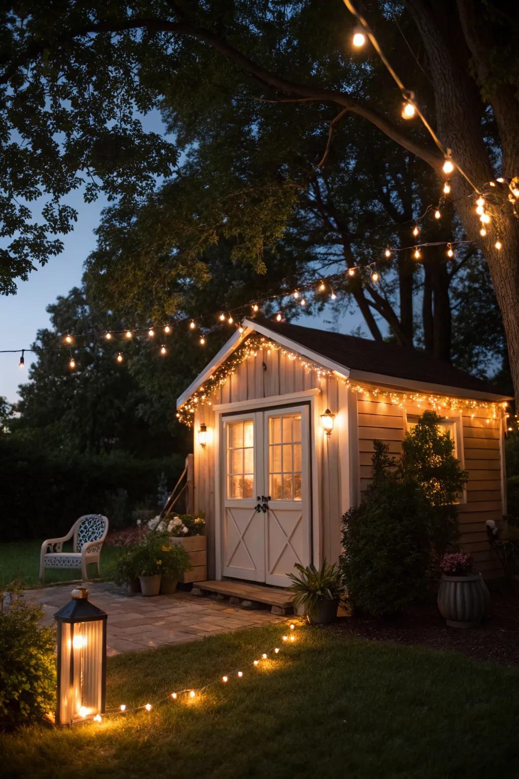 Decorative lighting transforms your she shed into a magical retreat at night.