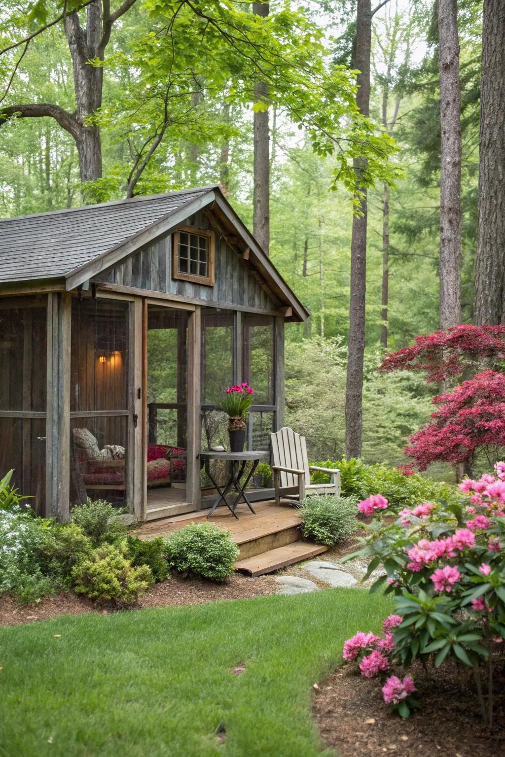 Shed with a screened porch surrounded by lush greenery.