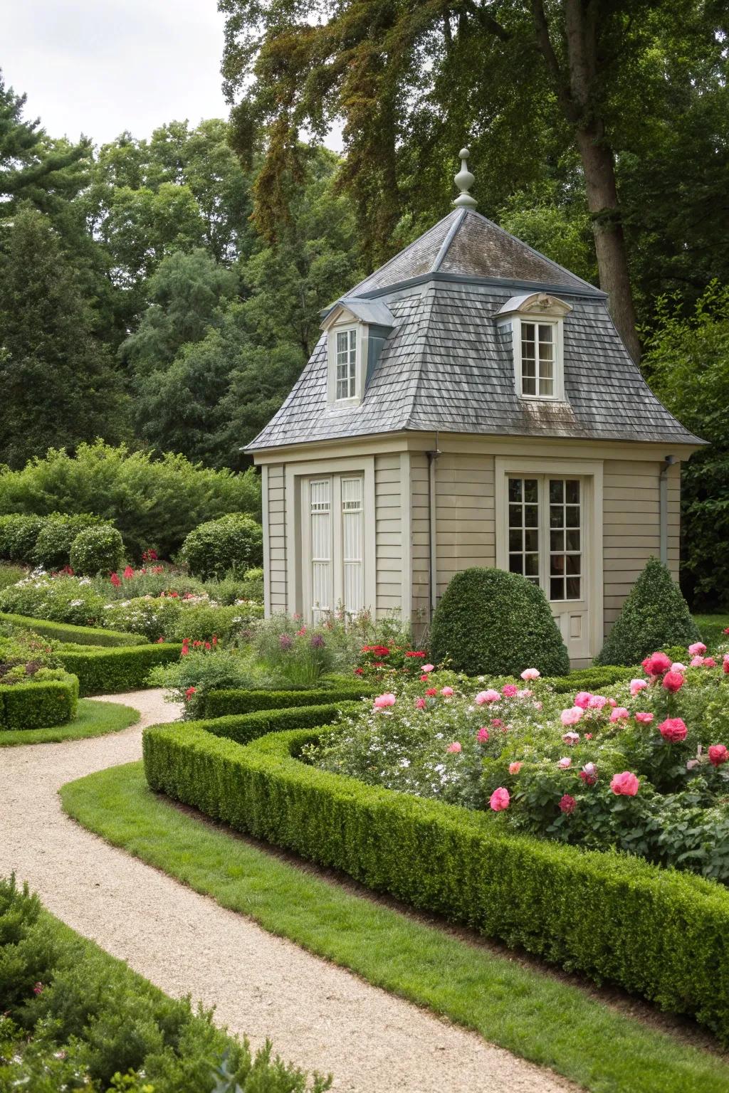Elegant mansard roof shed, offering sophistication and space.