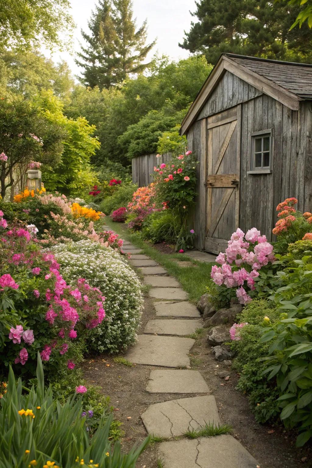 Flowers and shrubs add a splash of color along your path.