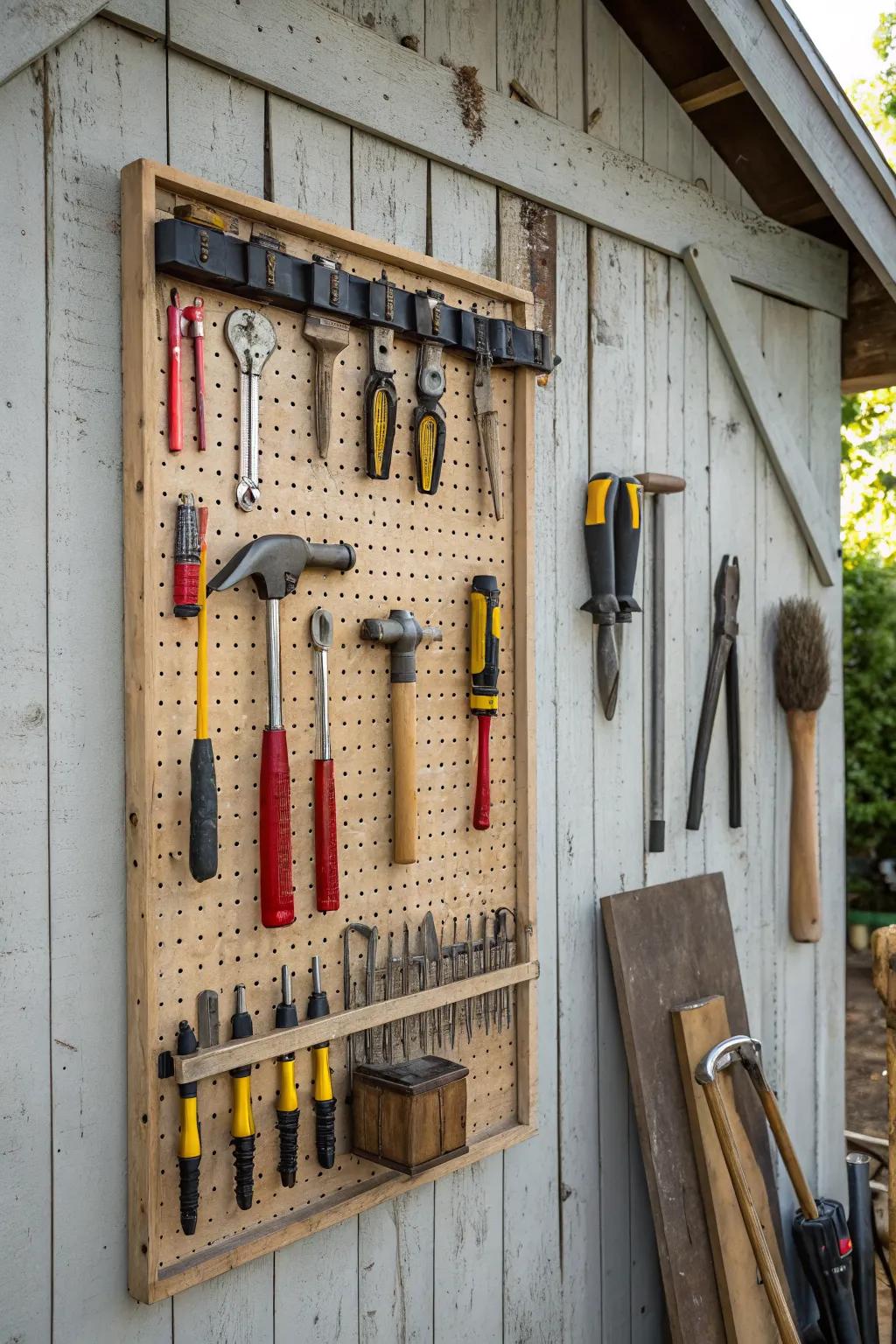 A pegboard wall keeping tools neatly organized in a shed.