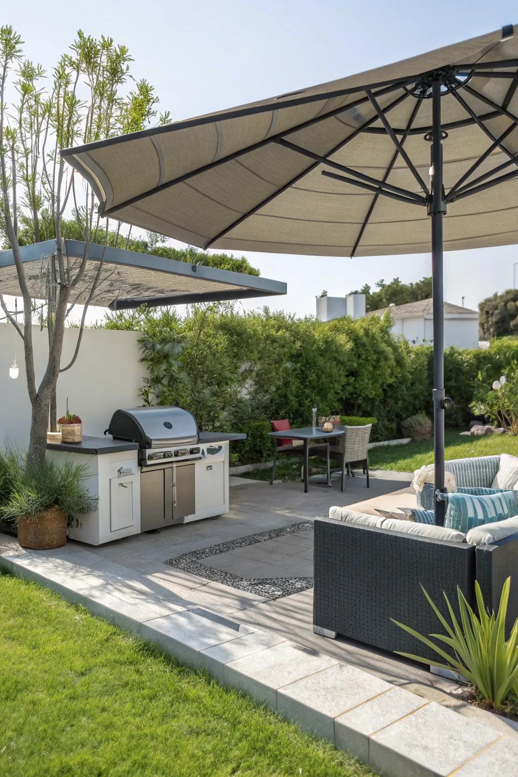 A parasol offers flexible shade for your BBQ sessions.
