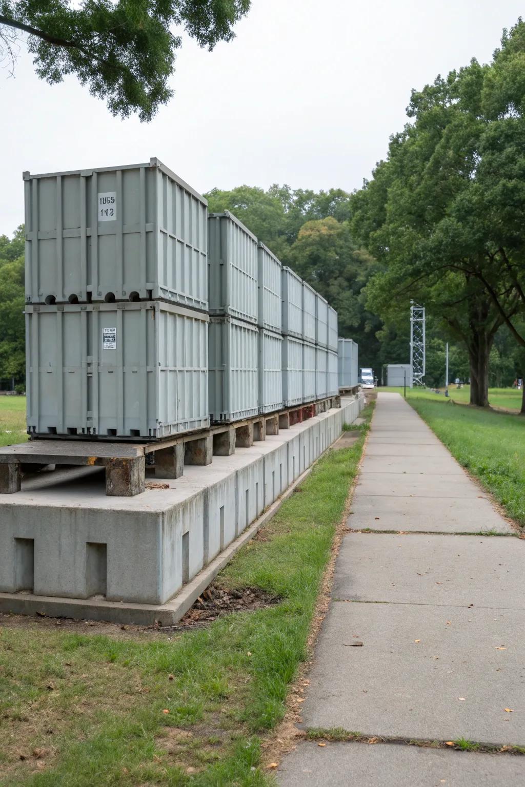 Strip foundations provide continuous support for larger container setups.