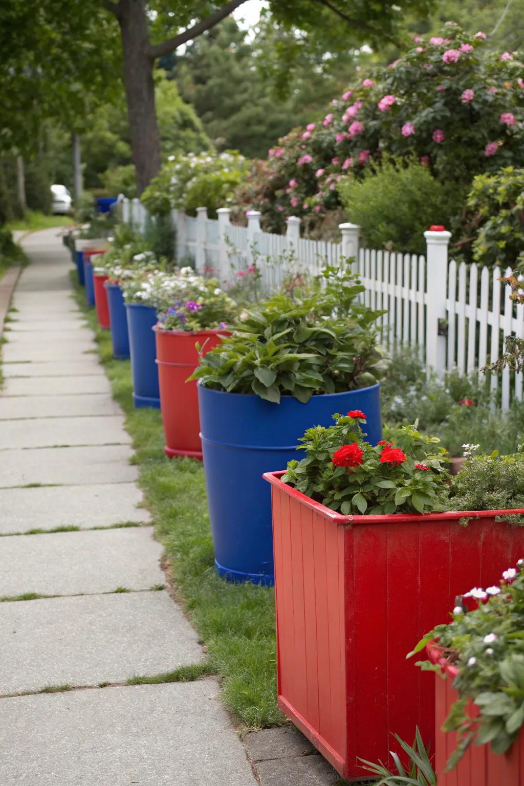 Bold containers add color and style to a side garden.