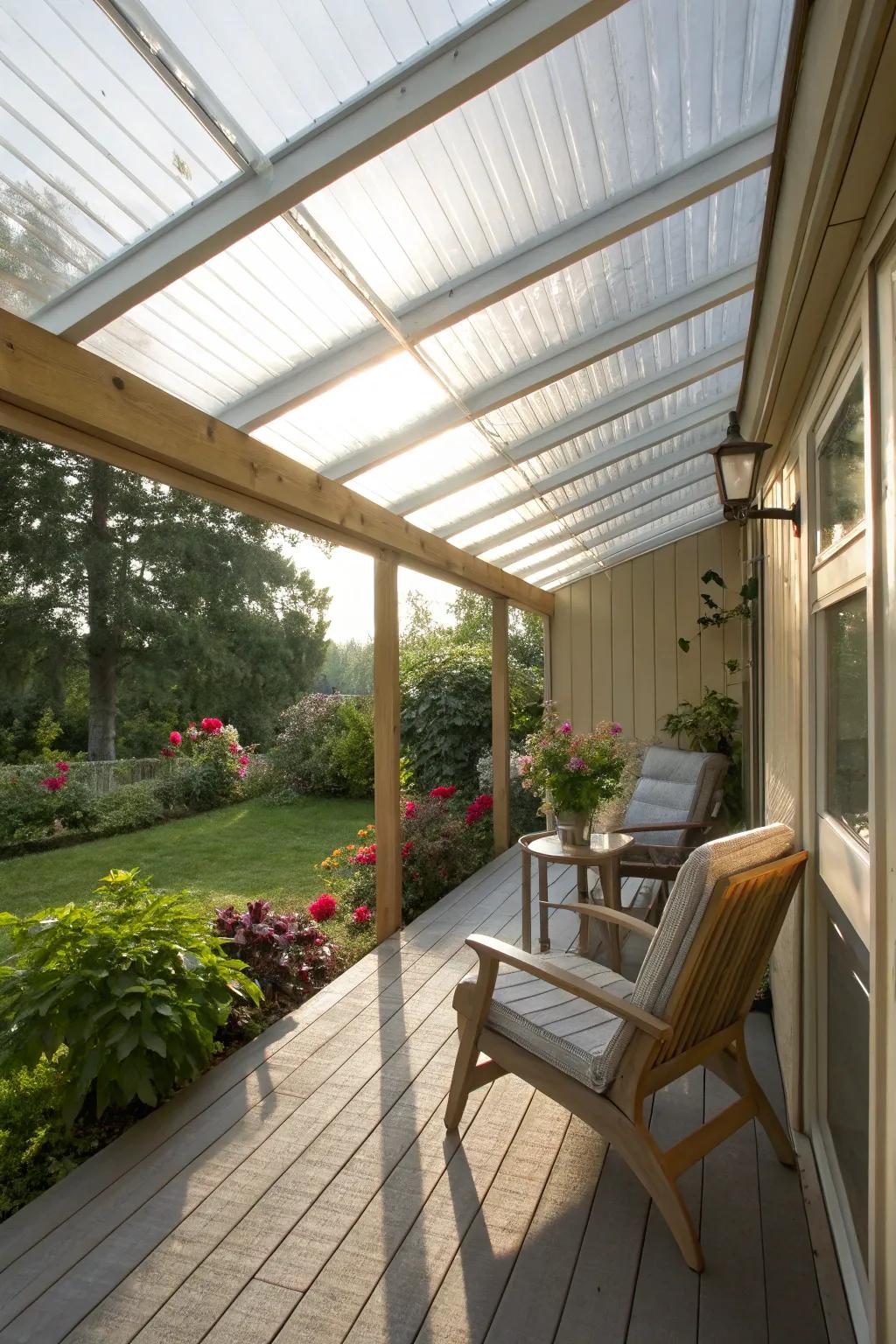 Polycarbonate panels offer a sleek, light-filled porch experience.