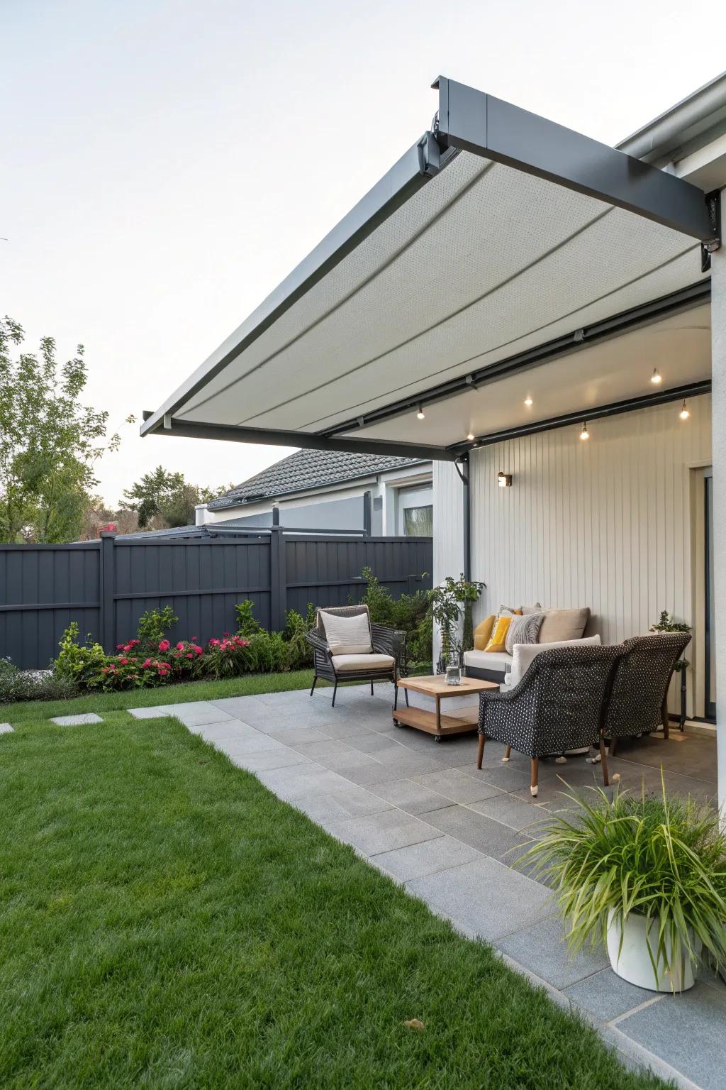 Retractable awnings offer flexible shade solutions for your side yard.