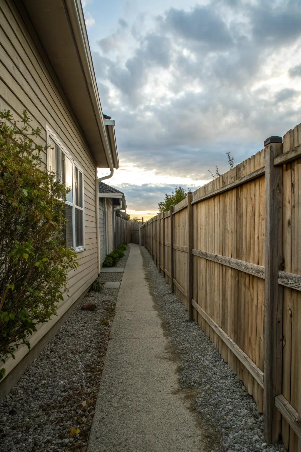 Wooden fencing offers privacy and rustic charm.