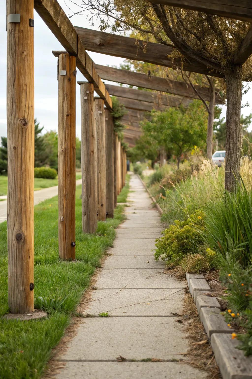 Wood timbers add rustic charm to edges.
