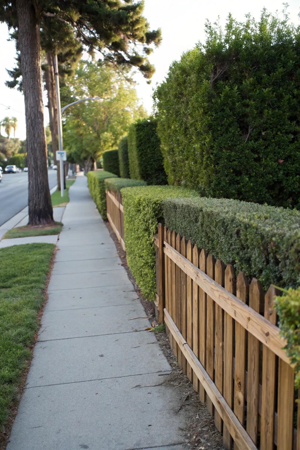 Hedges and fences together create a soft, inviting boundary.