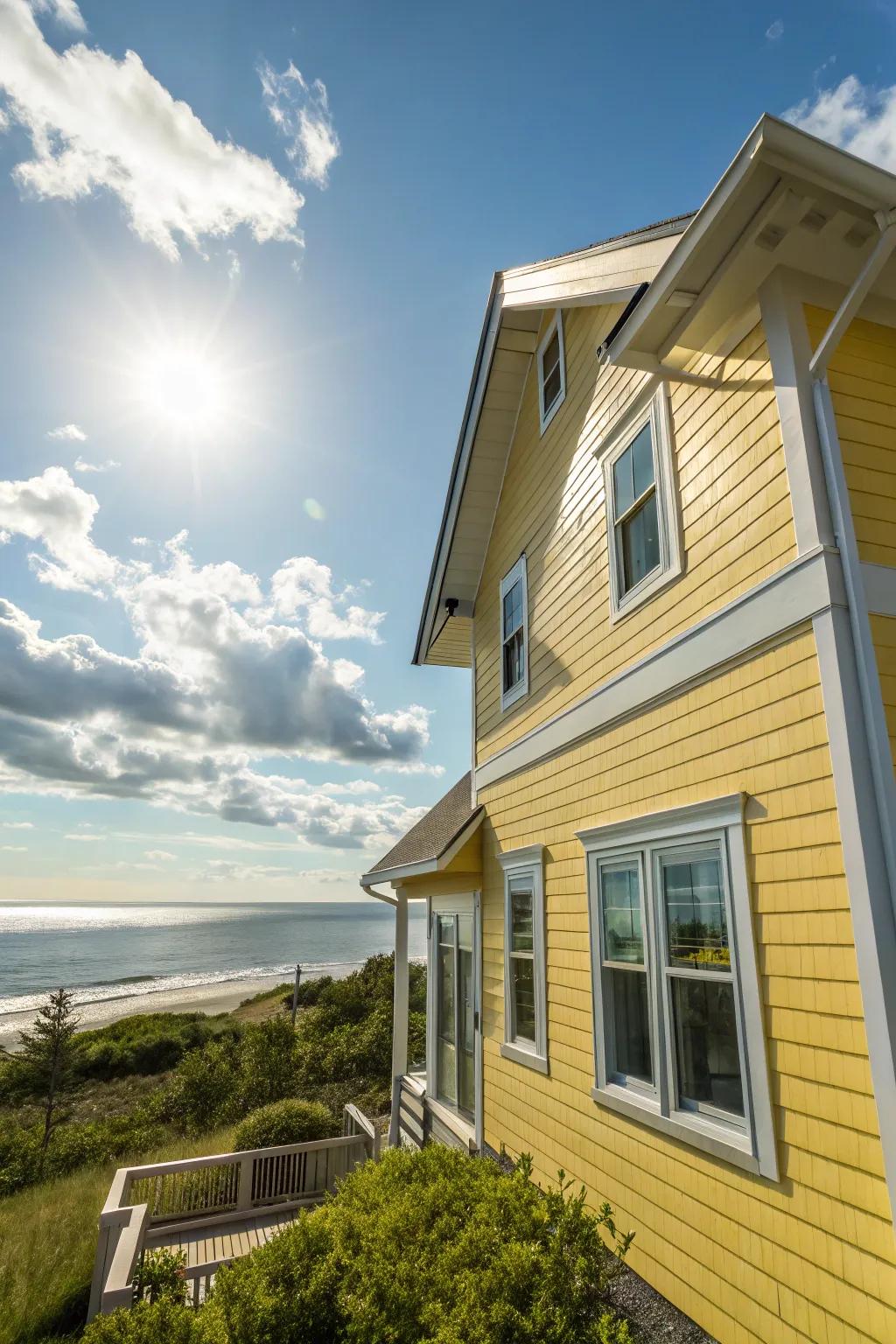 Yellow siding with gray trim adds a cheerful touch to any home.