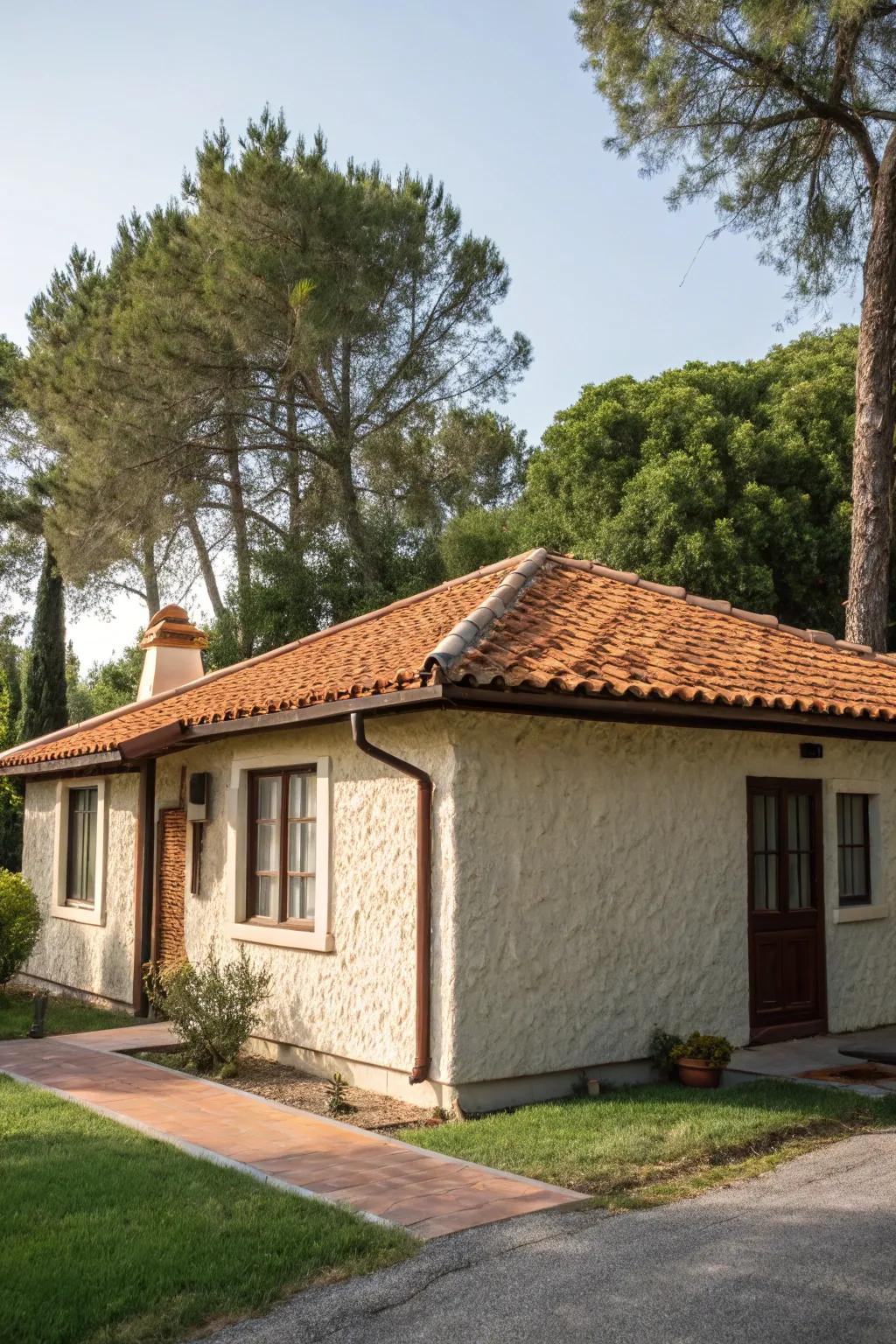 Stucco siding transforms this bungalow into a Mediterranean retreat.